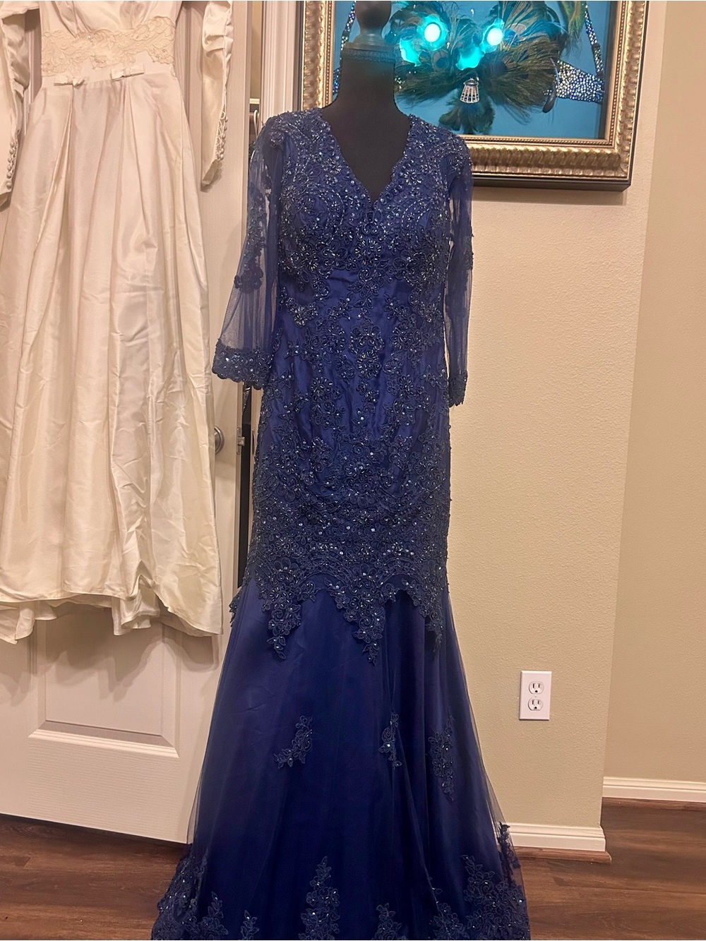 Royal Blue Beaded Long Sleeve Evening Gown - Women Dresses